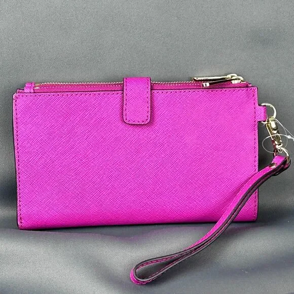 Michael Kors Pink Fuschia Leather Jet Set Travel Double Zip Wristlet Wallet - Picture 3 of 16